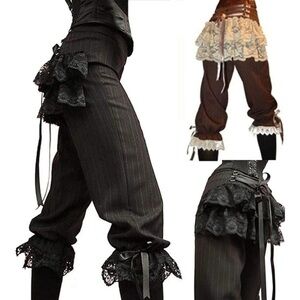 Brown Lace Trim Pin Striped Steampunk Pants with Corset Ribbon Detail